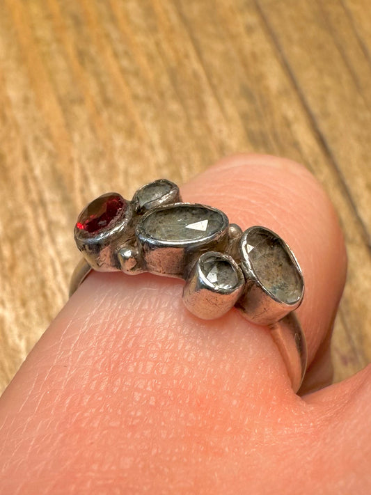 Modernist Garnet and Quarts 925 Sterling Silver Size N Ring