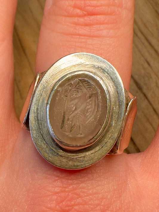 Vintage Tribal Figure Agate Intaglio 925 Sterling Silver Size X Ring