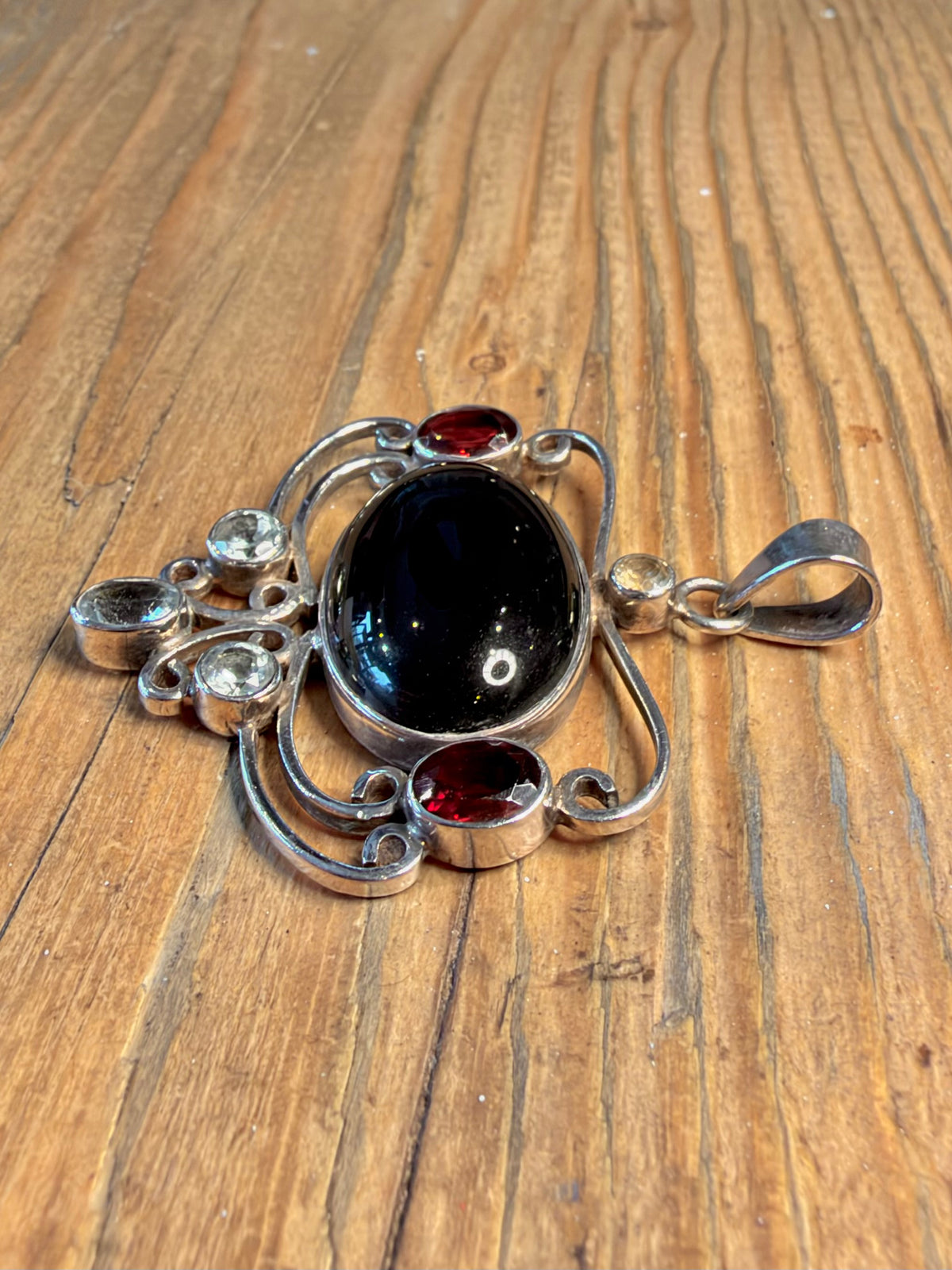 Ornate Onyx Blue Topaz Garnet 925 Sterling Silver Pendant