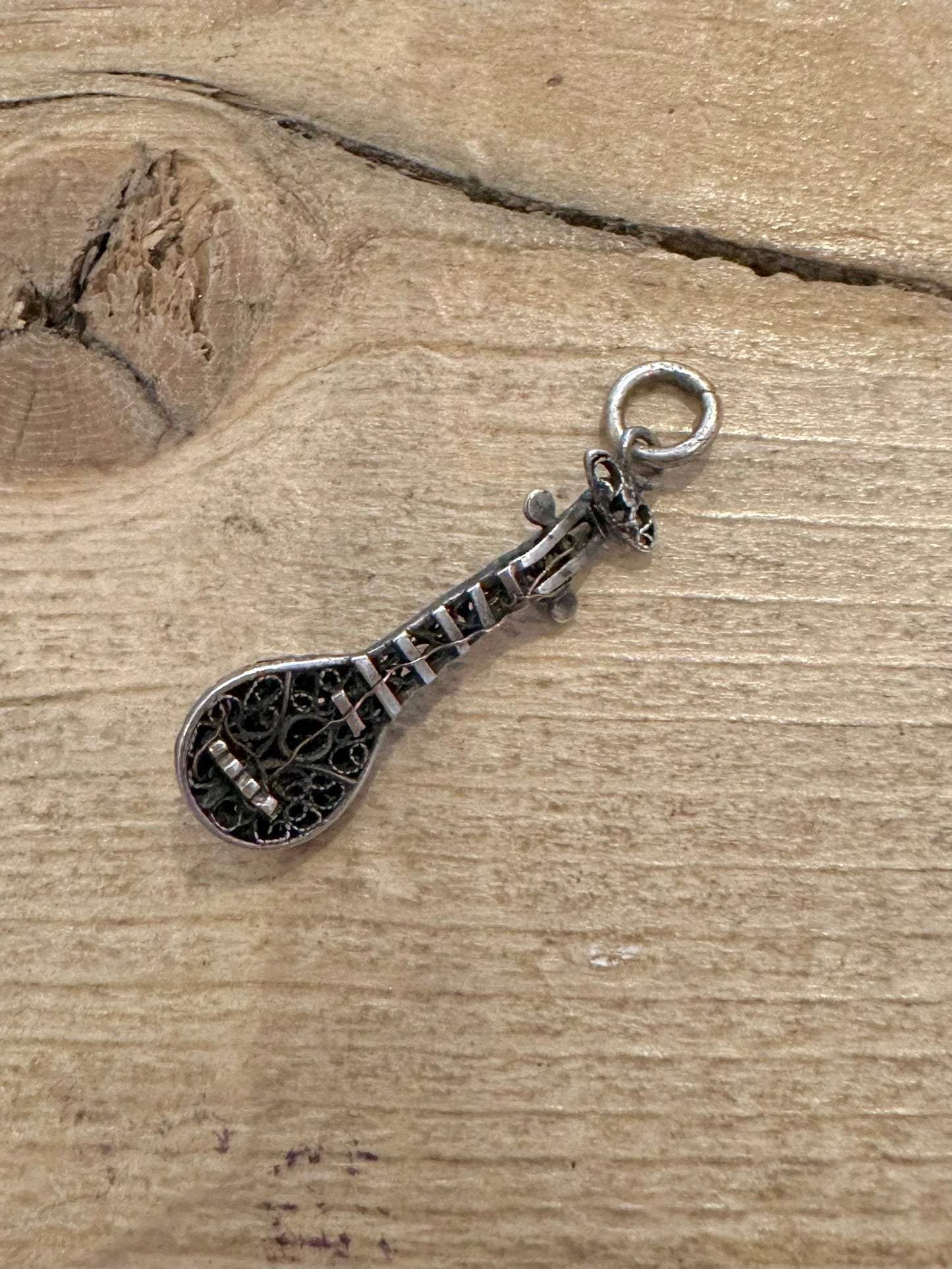 Vintage Filigree Guitar 925 Silver Charm Pendant