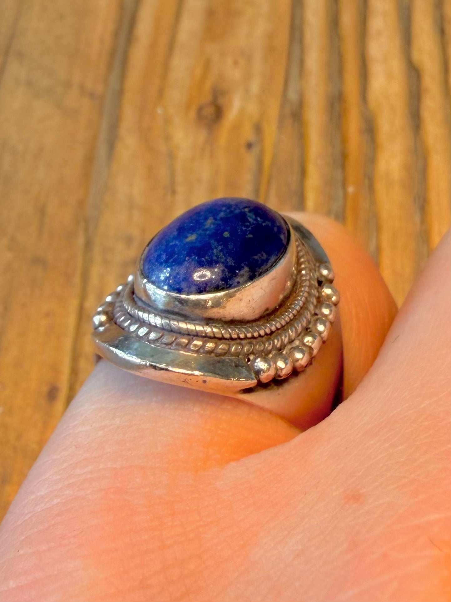 Lapis Lazuli Beaded Trim 925 Sterling Silver Size O Ring
