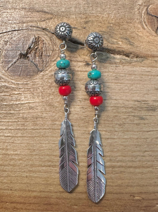 Vintage Polished Coral and Turquoise Leaf Dangle 925 Silver Earrings