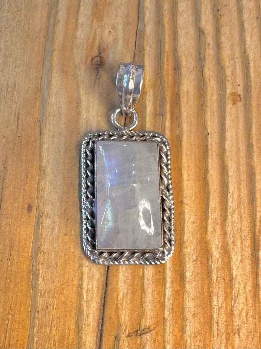 Moonstone Rectangle Rope Border 925 Sterling Silver Pendant