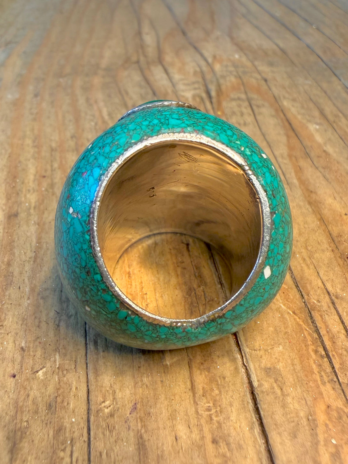Chunky Turquoise Malachite and Coral Inlay 925 Sterling Silver Size P1/2 Ring