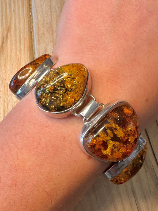 Stunning Vintage Large Amber 925 Silver with Safety Chain 7 inch Bracelet