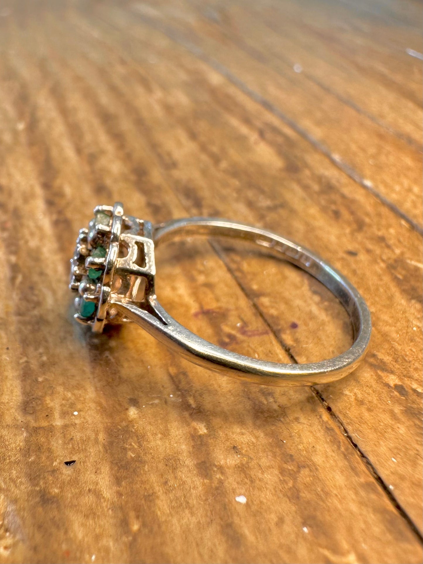 Diamond and Emerald 1979 Cluster 925 Sterling Silver Size N Ring