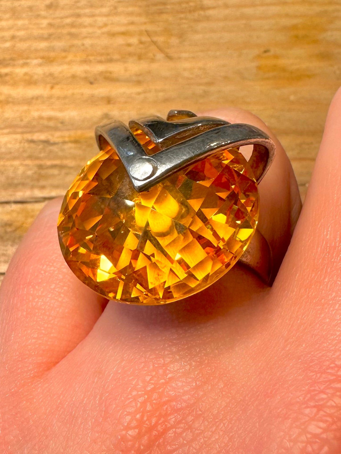 Modernist Large Faceted Citrine Spinning 925 Sterling Silver Size P1/2 Ring