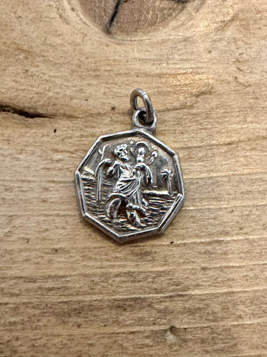 Vintage St Christopher Octagon 925 Silver Pendant