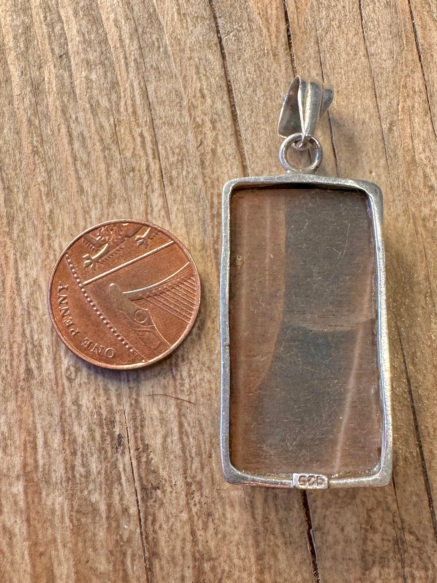 Vintage Brauner Glänzender Rechteckiger 925 Sterling Silber Anhänger