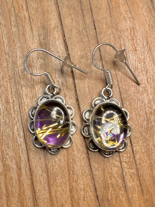 Vintage Purple and Gold Oval 925 Sterling Silver Earrings