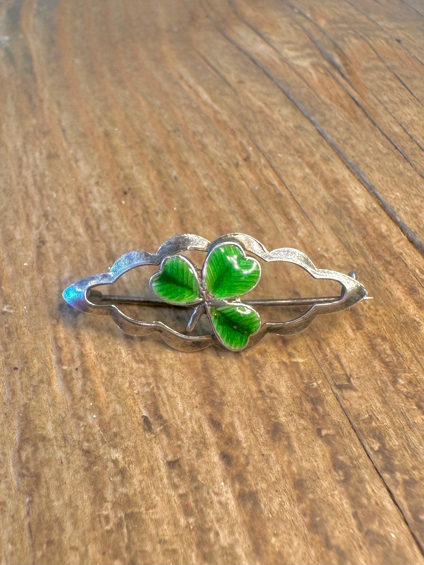 Enamel Green Three Leaf Clover 925 Sterling Silver Brooch