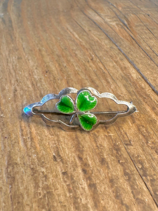 Enamel Green Three Leaf Clover 925 Sterling Silver Brooch