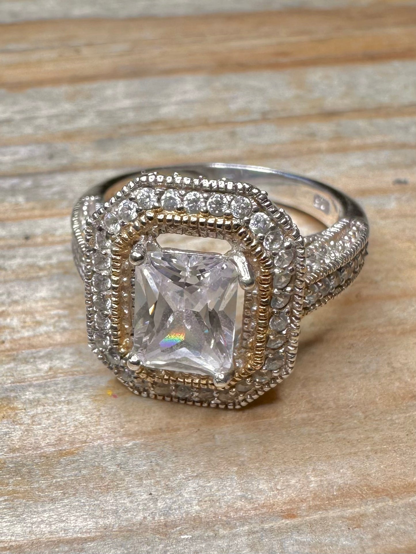 Vintage CZ Square Cocktail 925 Sterling Silver Size P1/2 Ring