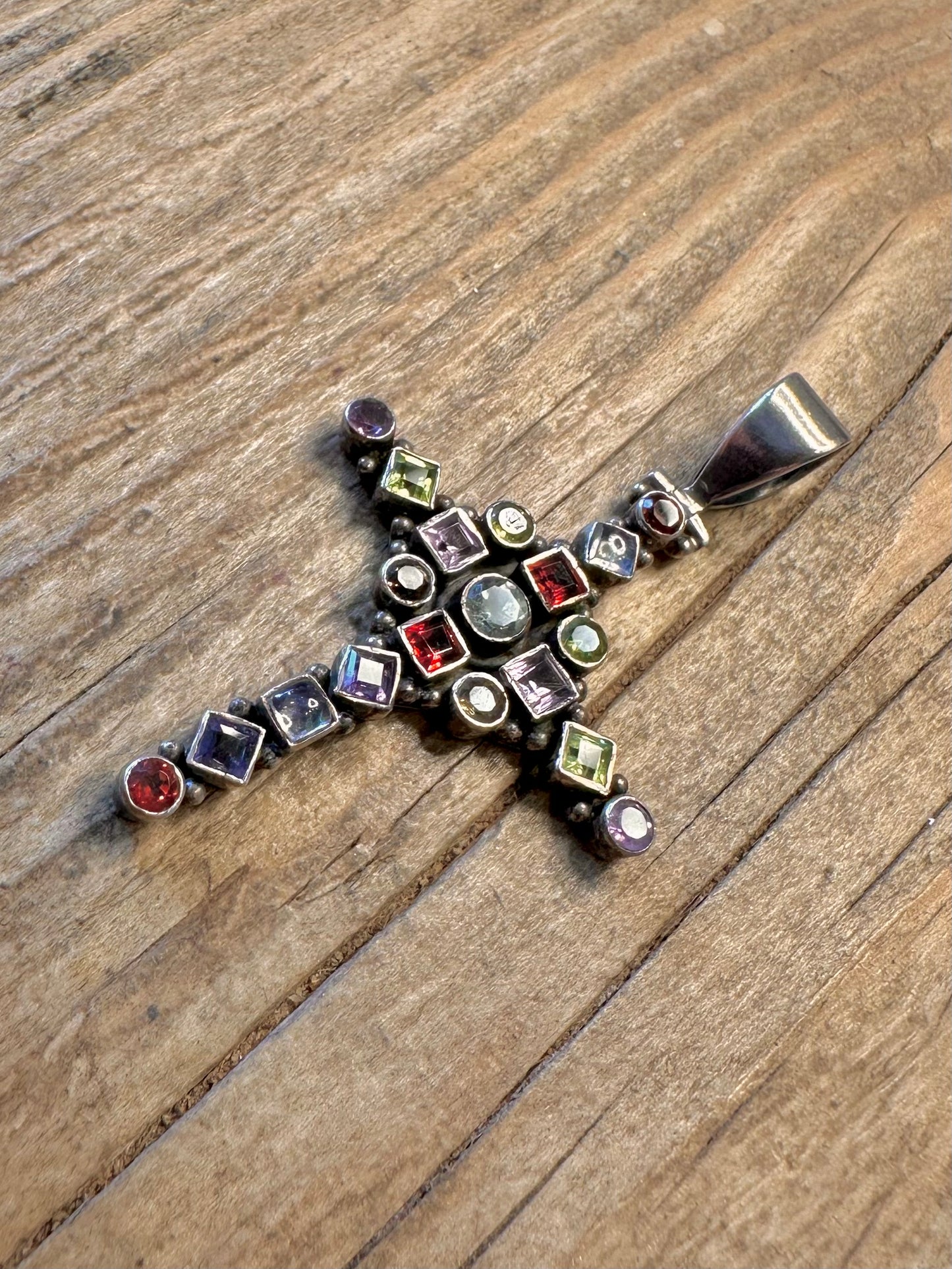 Multi Gemstone Cross 925 Sterling Silver Pendant