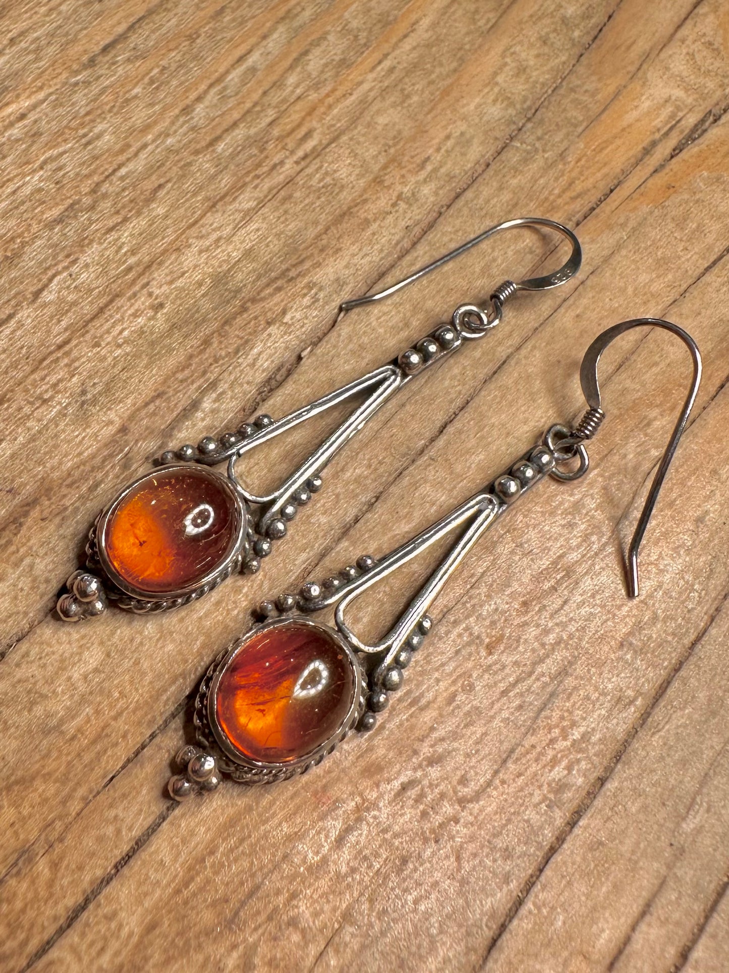 Vintage Amber Ornate Dangle 925 Sterling Silver Earrings