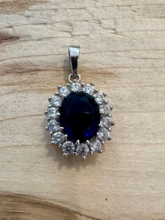 Vintage Dark Blue and White Stones 925 Silver Pendant