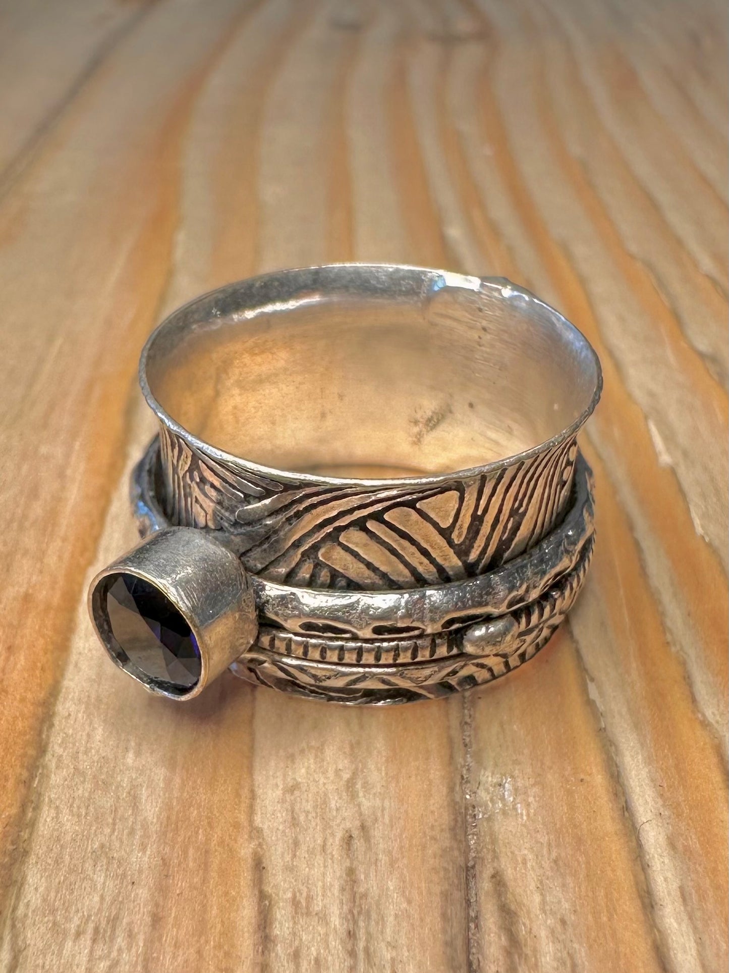 Vintage Blue Stone Engraved Spinner 925 Sterling Silver Size Q Ring