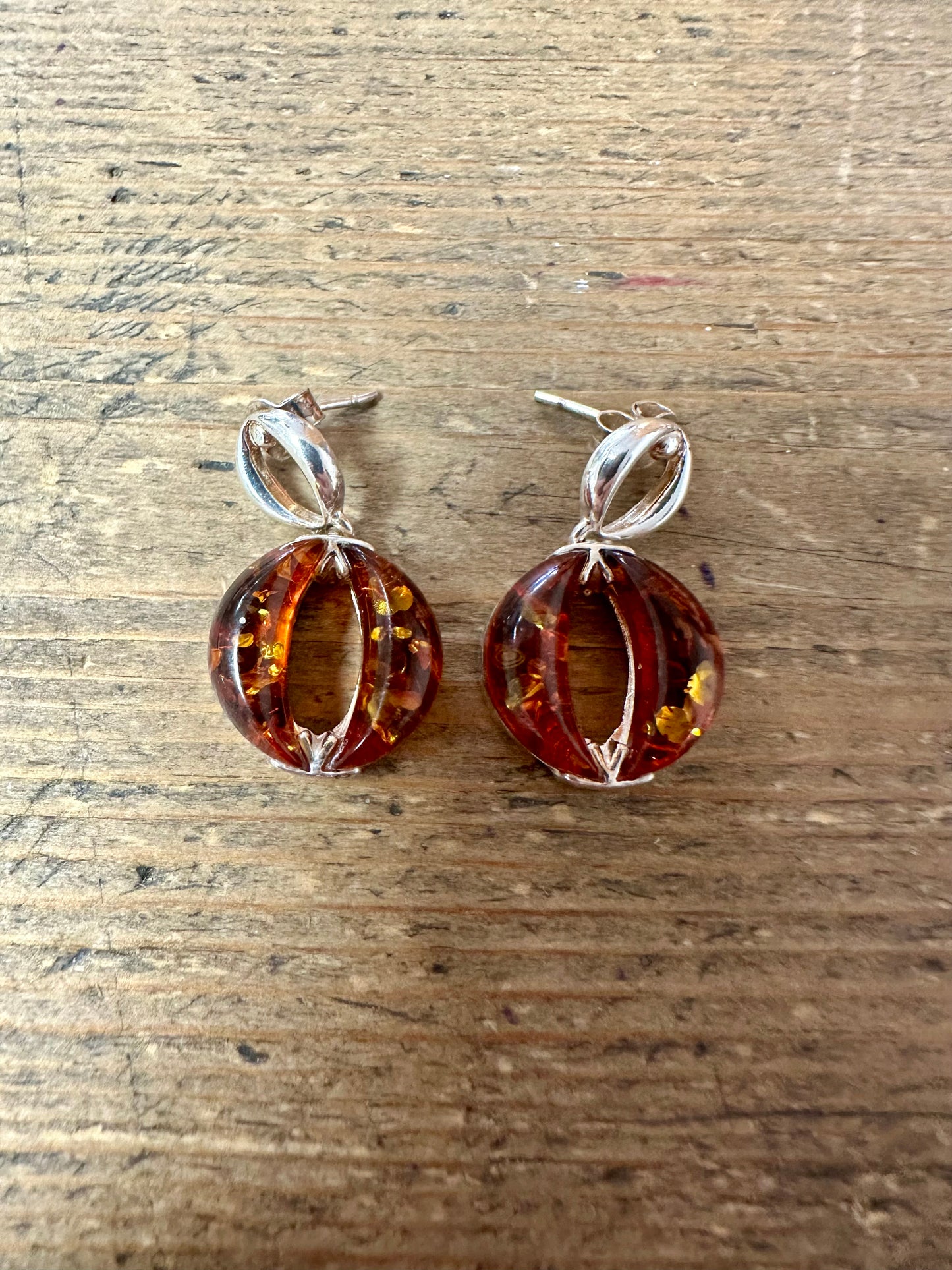 Modernist Amber Circle 925 Silver Earrings