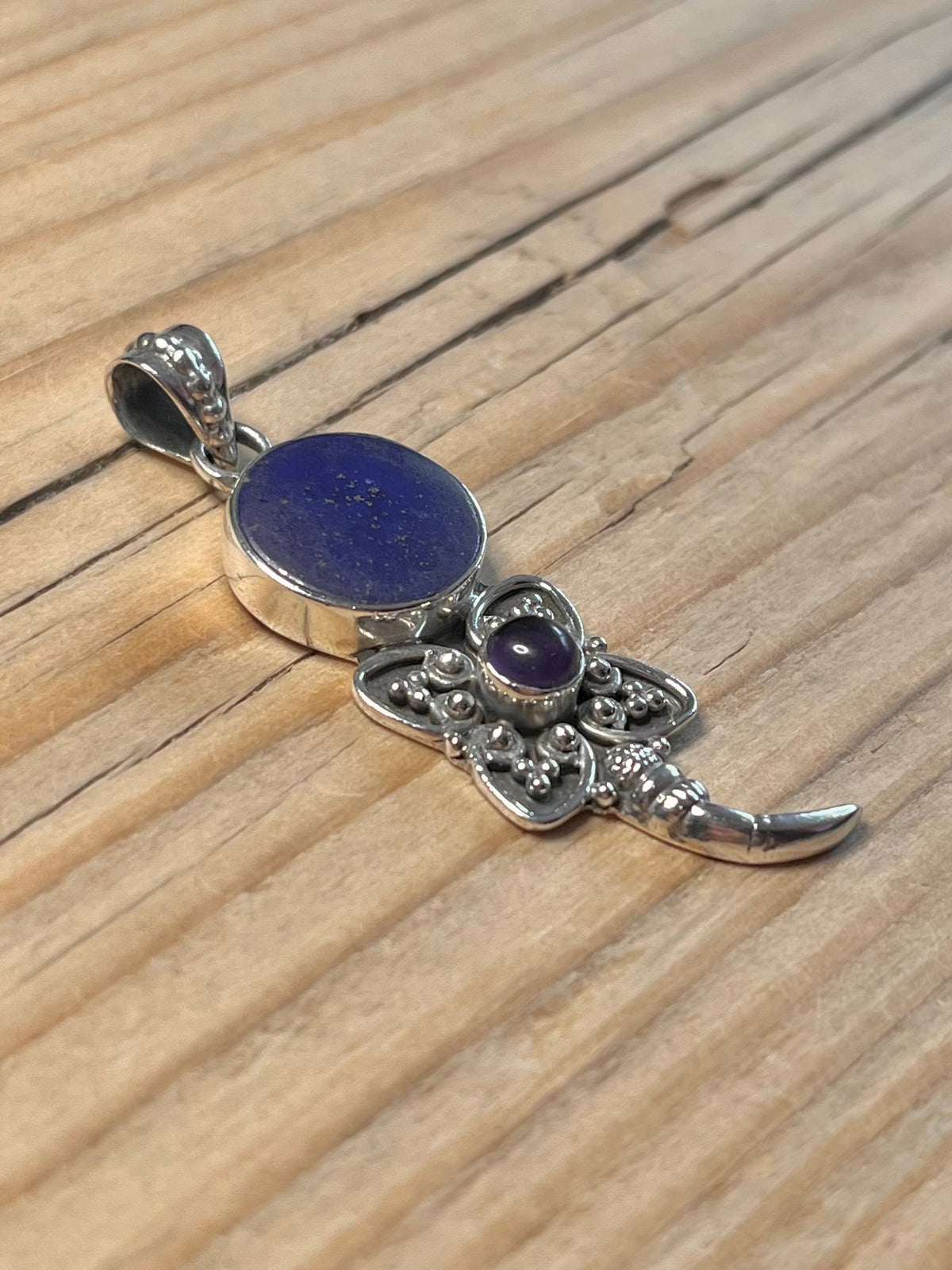 Lapis Lazuli and Amethyst Flowery 925 Sterling Silver Pendant