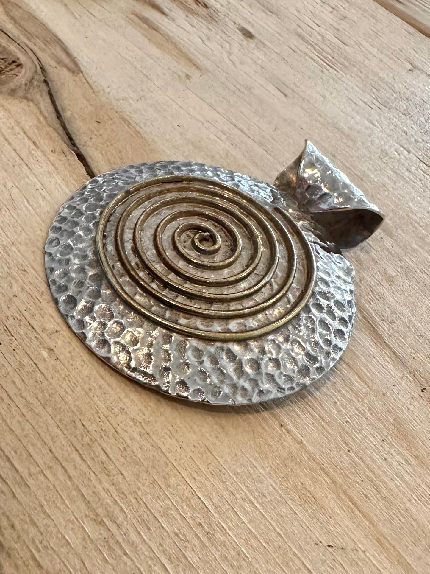 Vintage Brass Swirl Hammered 925 Silver Pendant