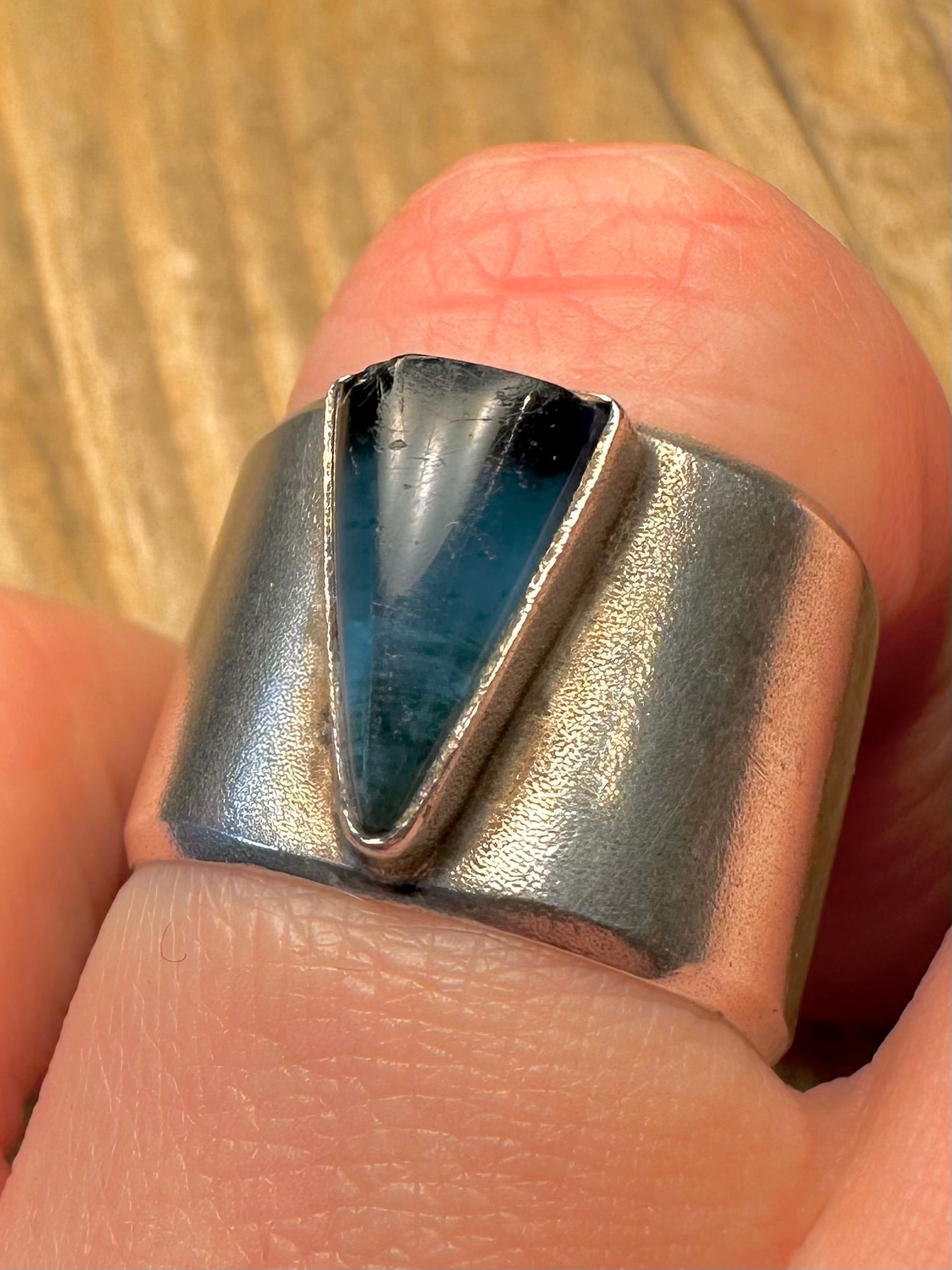 Vintage Blue Stone Square Band 925 Sterling Silver Size P1/2 Ring