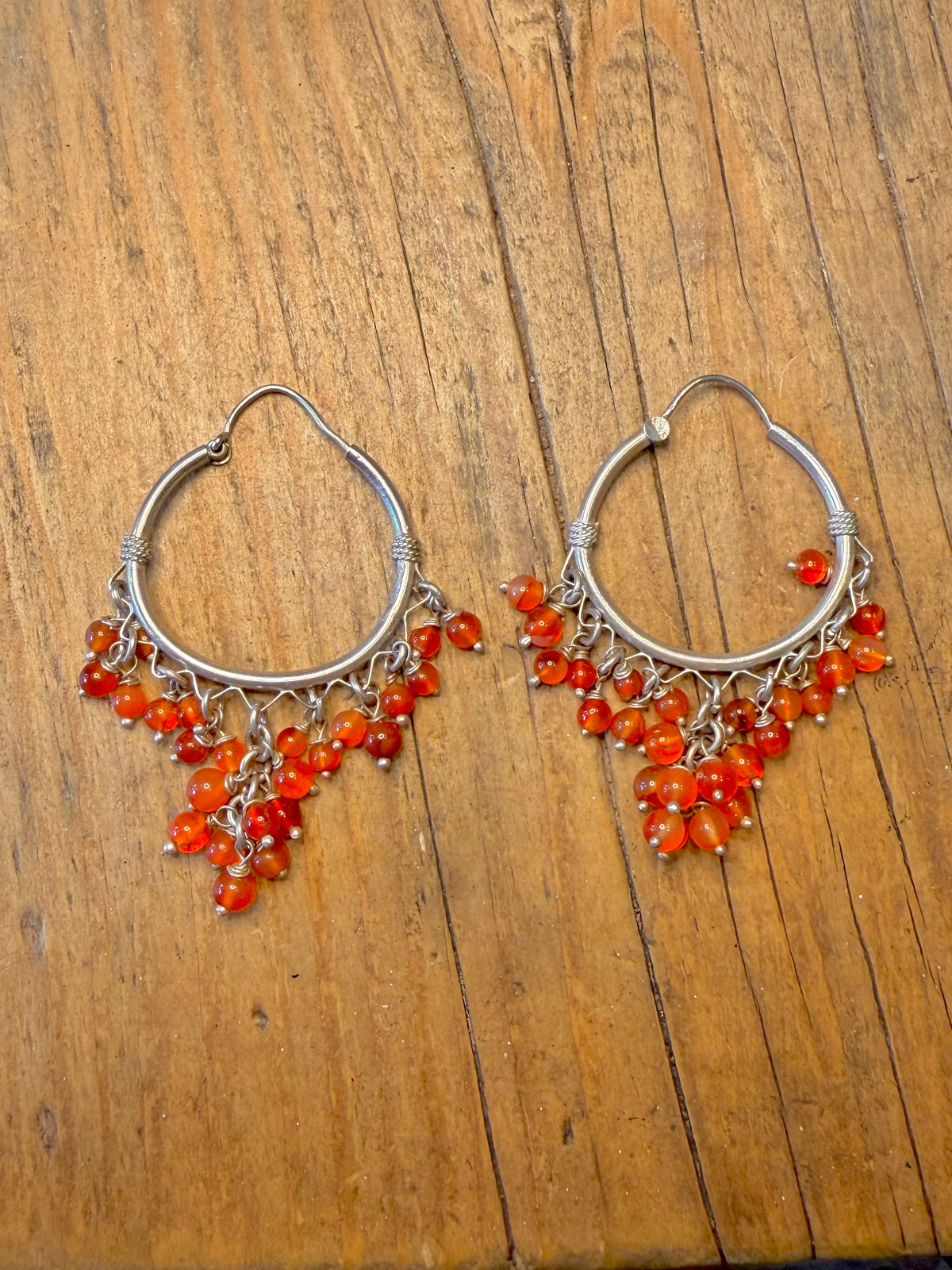 Orange Beads Dangle Hoops 925 Sterling Silver Earrings