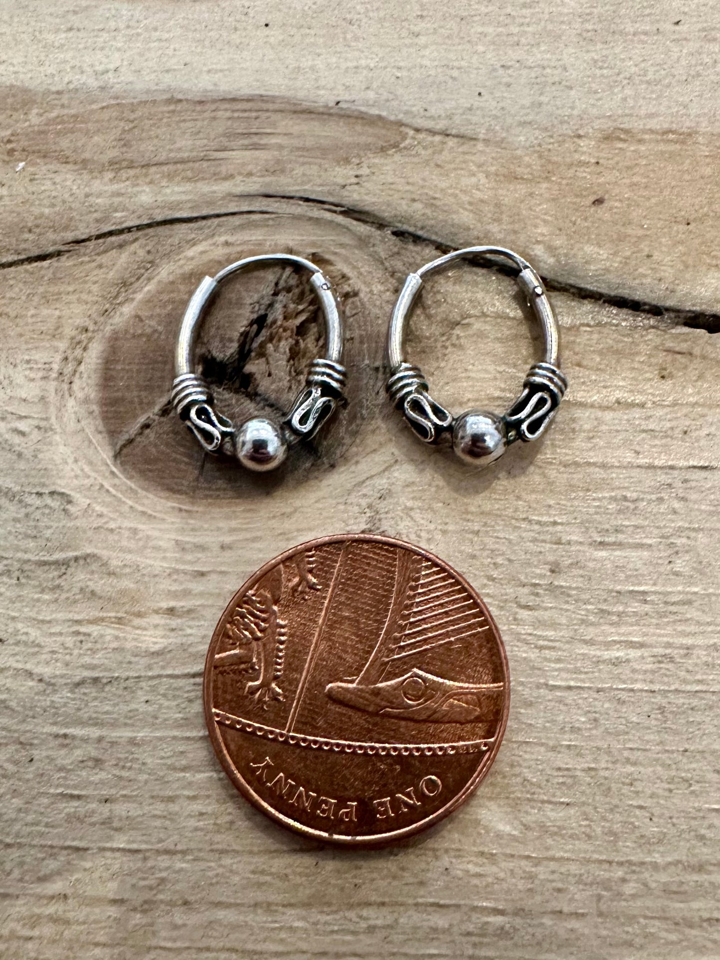 Vintage Small Oval Tribal 925 Silver Hoop Earrings