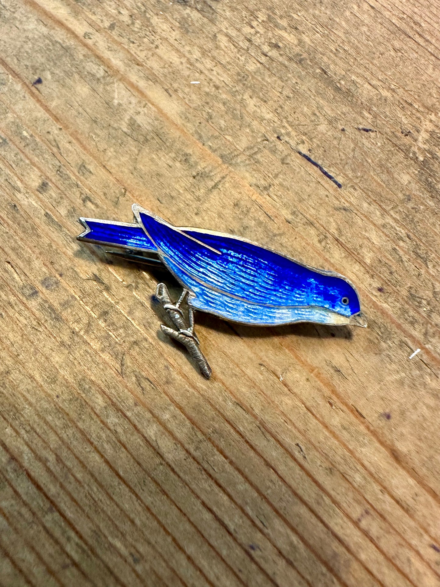 Vintage Bluebird Enamel 925 Silver Brooch