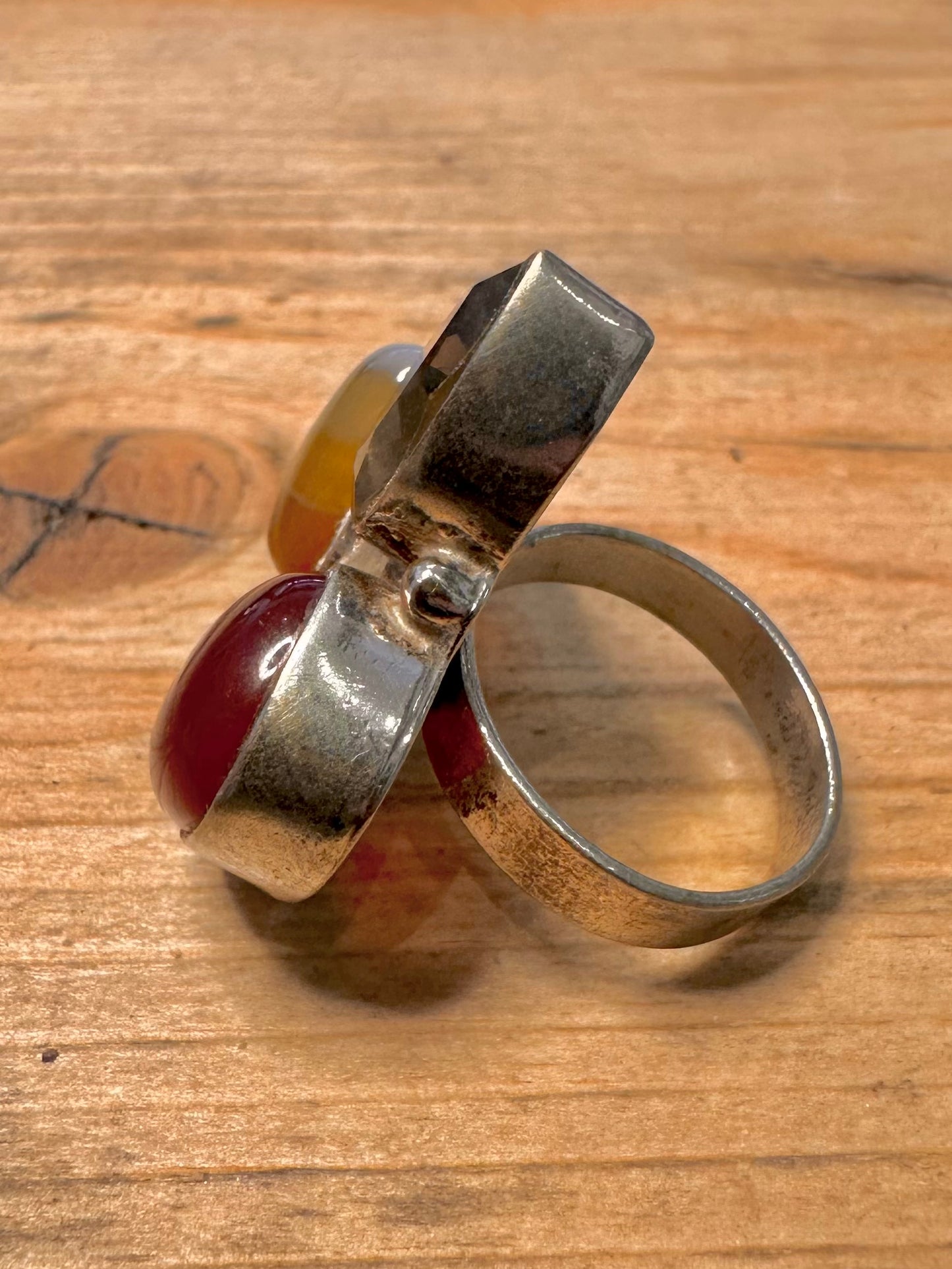Abstract Carnelian Smokey Quarts and Banded Agate 925 Silver Size M1/2 Ring