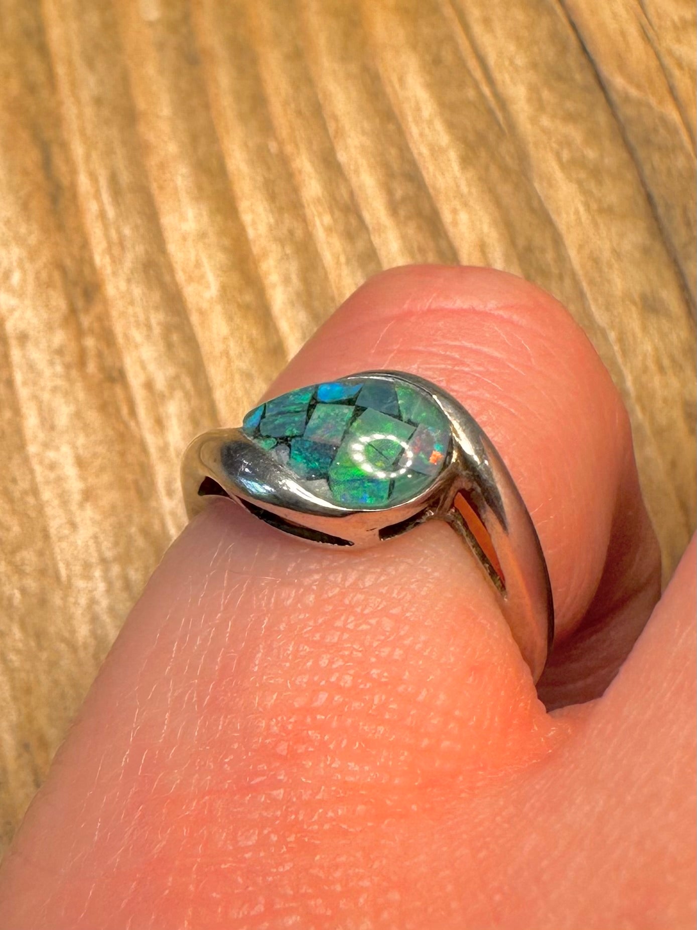 Modern Mosaic Opal 925 Sterling Silver Size J Ring