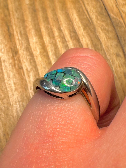 Modern Mosaic Opal 925 Sterling Silver Size J Ring