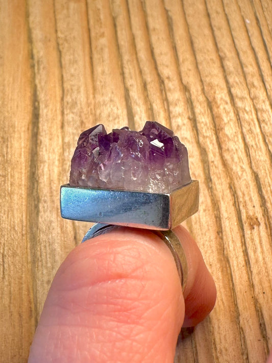 Raw Amethyst 1971 Square 925 Sterling Silver Size G Ring