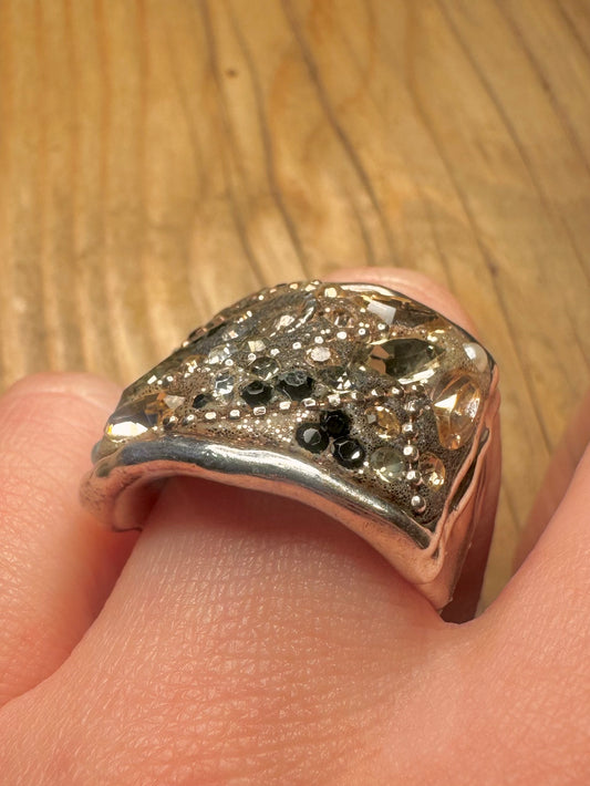 Vintage Sea Themed Stones and Pearl 925 Sterling Silver Size U Ring