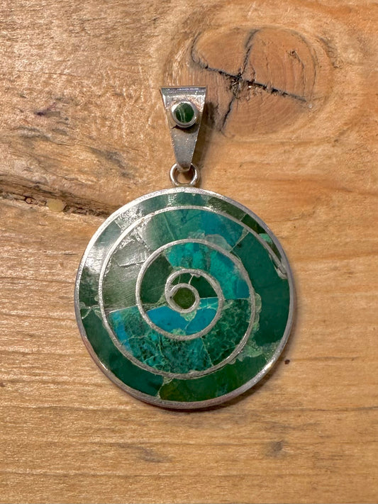 Vintage Chrysocolla Spiral Pachamama 950 Silver Pendant