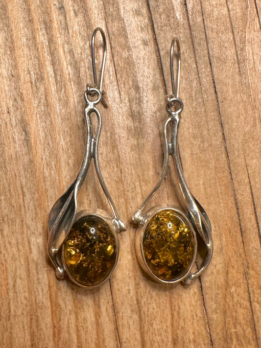 Vintage Amber Leaf Design 925 Sterling Silver Earring
