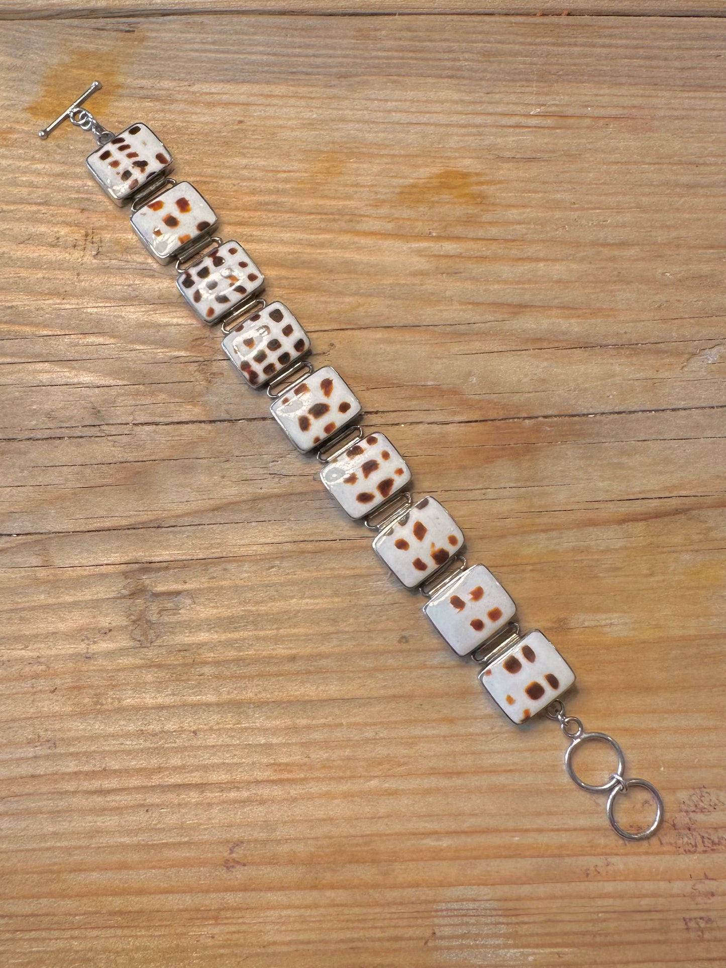 Vintage Cowrie Shell Rectangle White and Brown T Bar 925 Sterling Silver 7.2 to 7.8 inch Bracelet