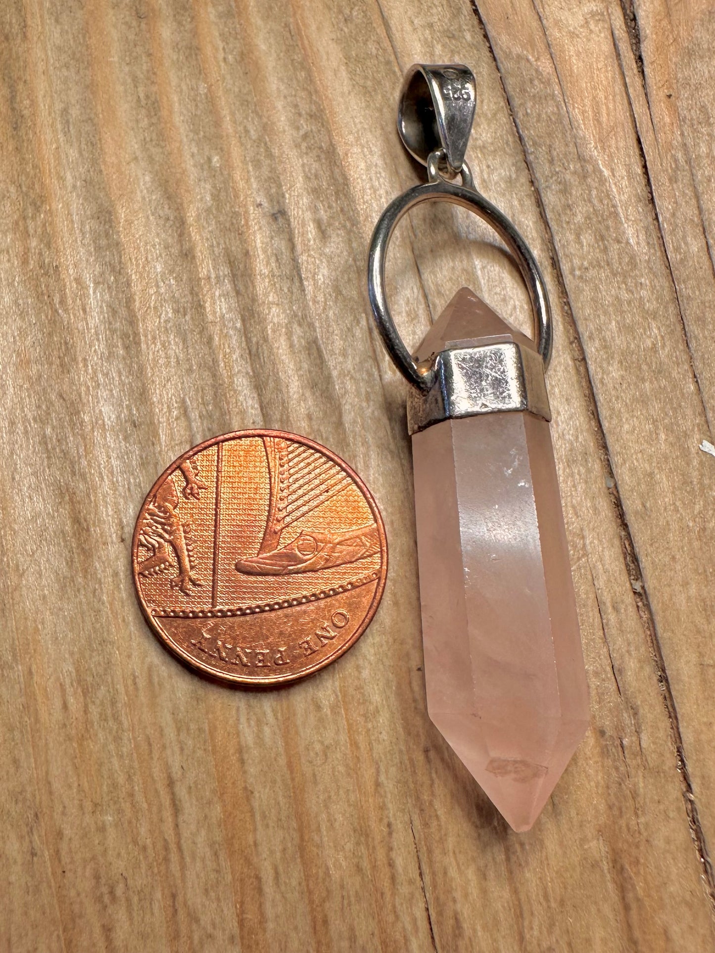 Vintage Rose Quarts Pillar 925 Sterling Silver Pendant