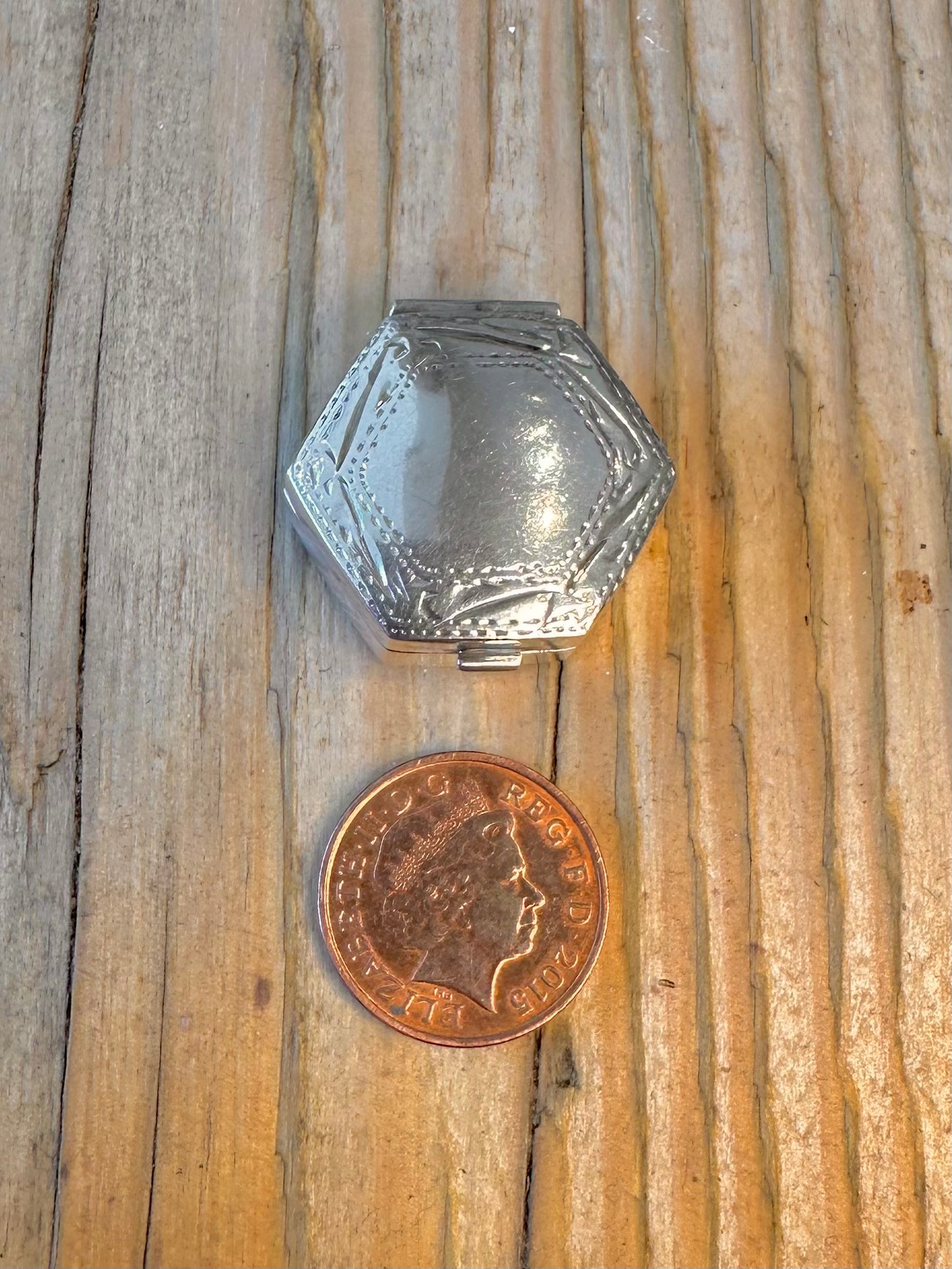 Engraved Hexagon Pill Box 925 Sterling Silver Collectable