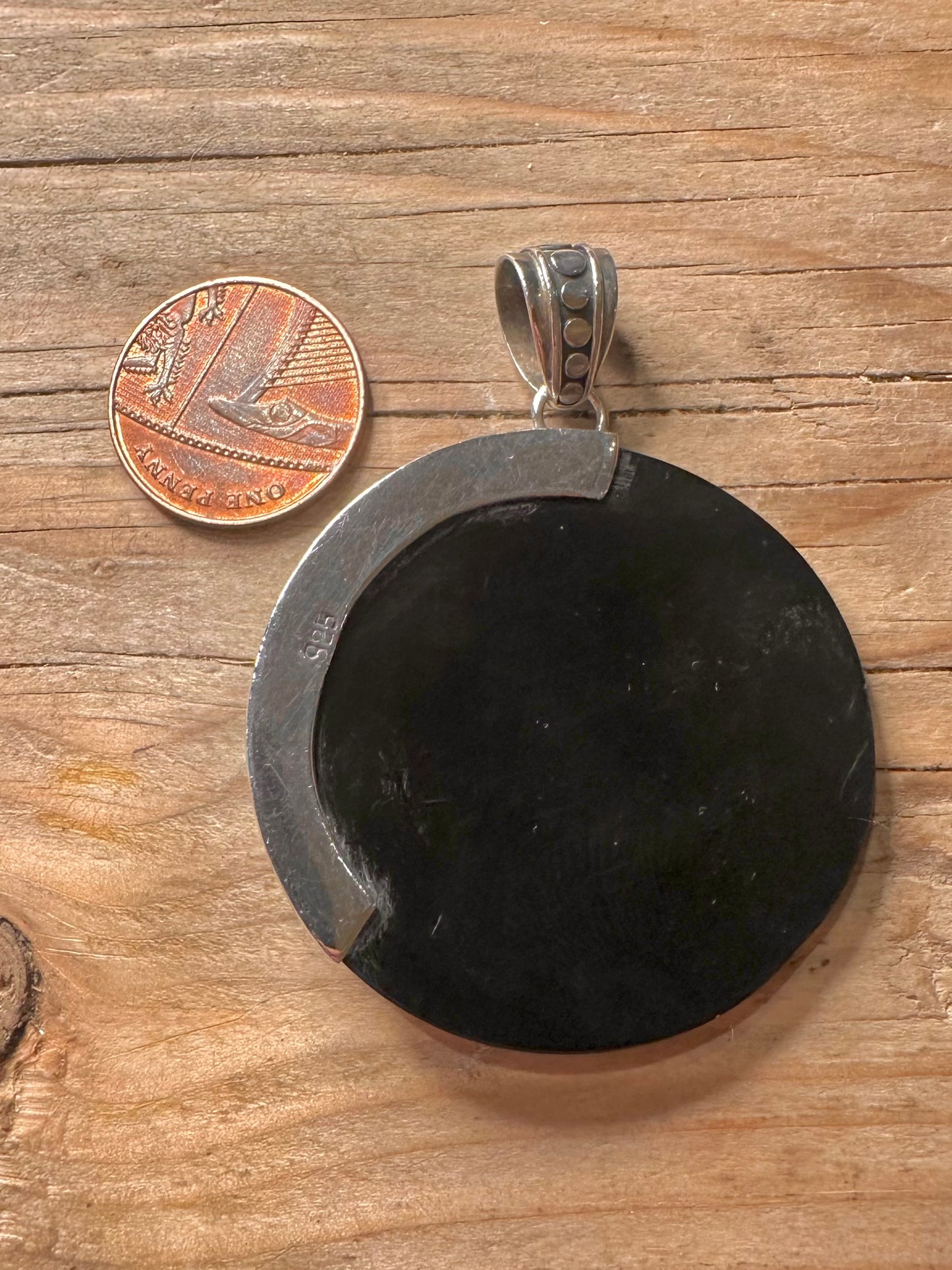 Vintage Abalone Blue Opal Circle 925 Sterling Silver Pendant