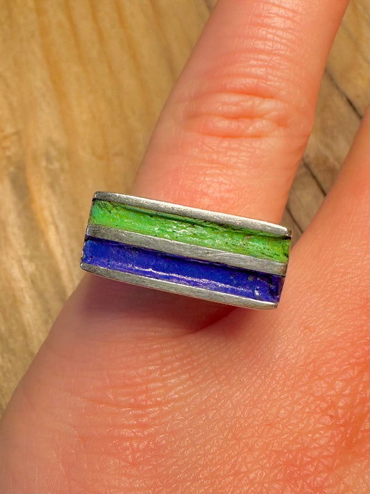 Abstract Green and Blue Enamel 925 Sterling Silver Size N Ring