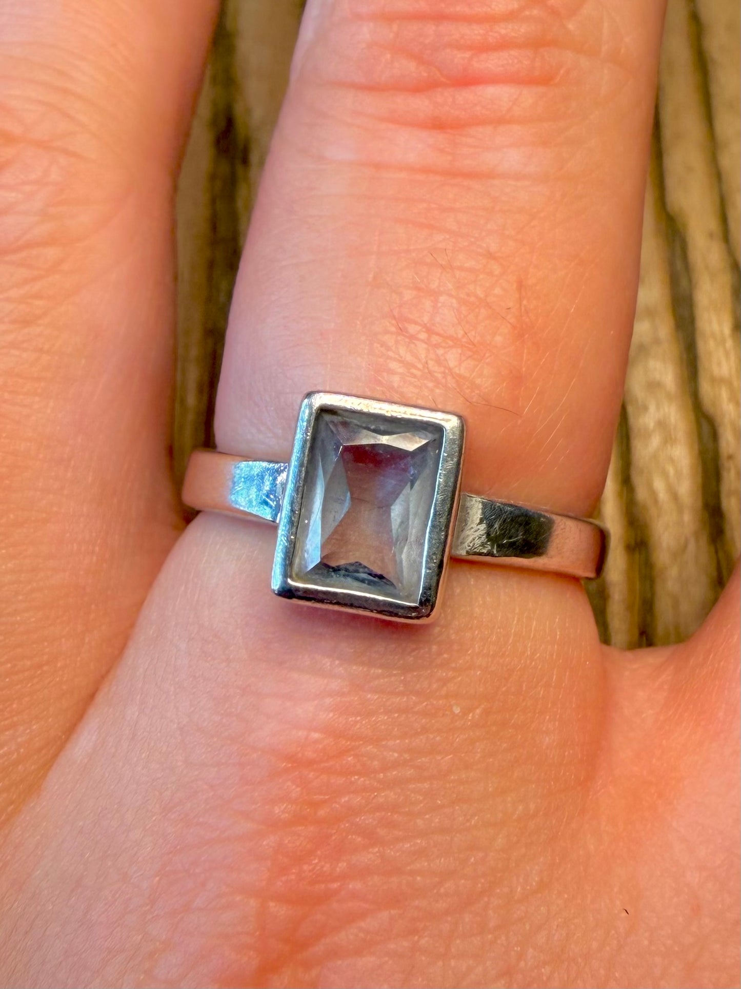 Blue Rectangle Stone 925 Sterling Silver Size S Ring