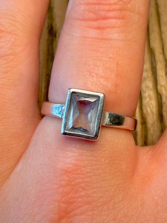 Blue Rectangle Stone 925 Sterling Silver Size S Ring