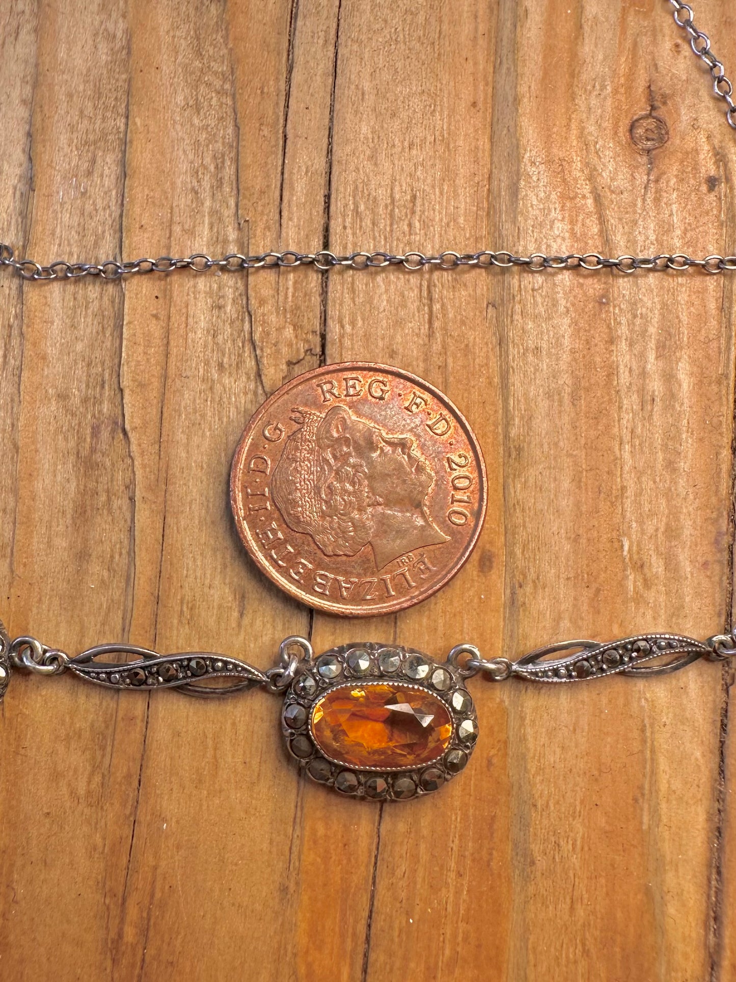 Art Deco Style Citrine Marcasite 925 Sterling Silver 15.25 inch Necklace