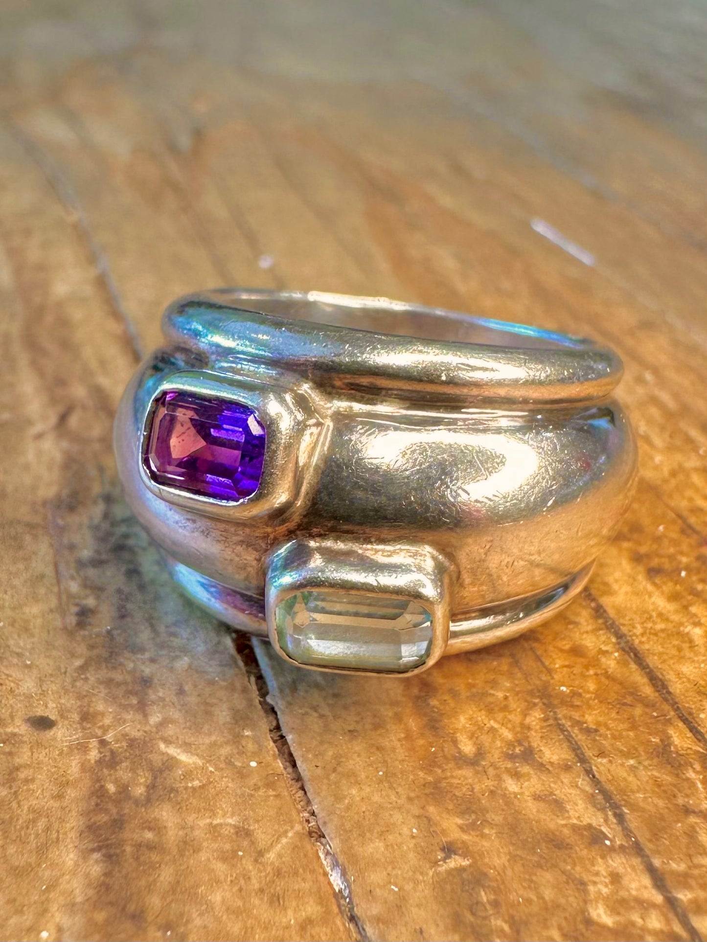Amethyst and Blue Topaz Chunky Dome 925 Sterling Silver Size N Ring