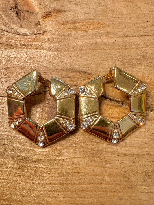 Abstract Hexagon White Stone Gold Costume Earrings