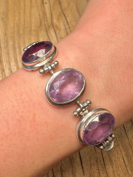 Vintage Three Faceted Amethyst Woven Chain T Bar 830 Silver 7.6 to 8.3 Inch Bracelet