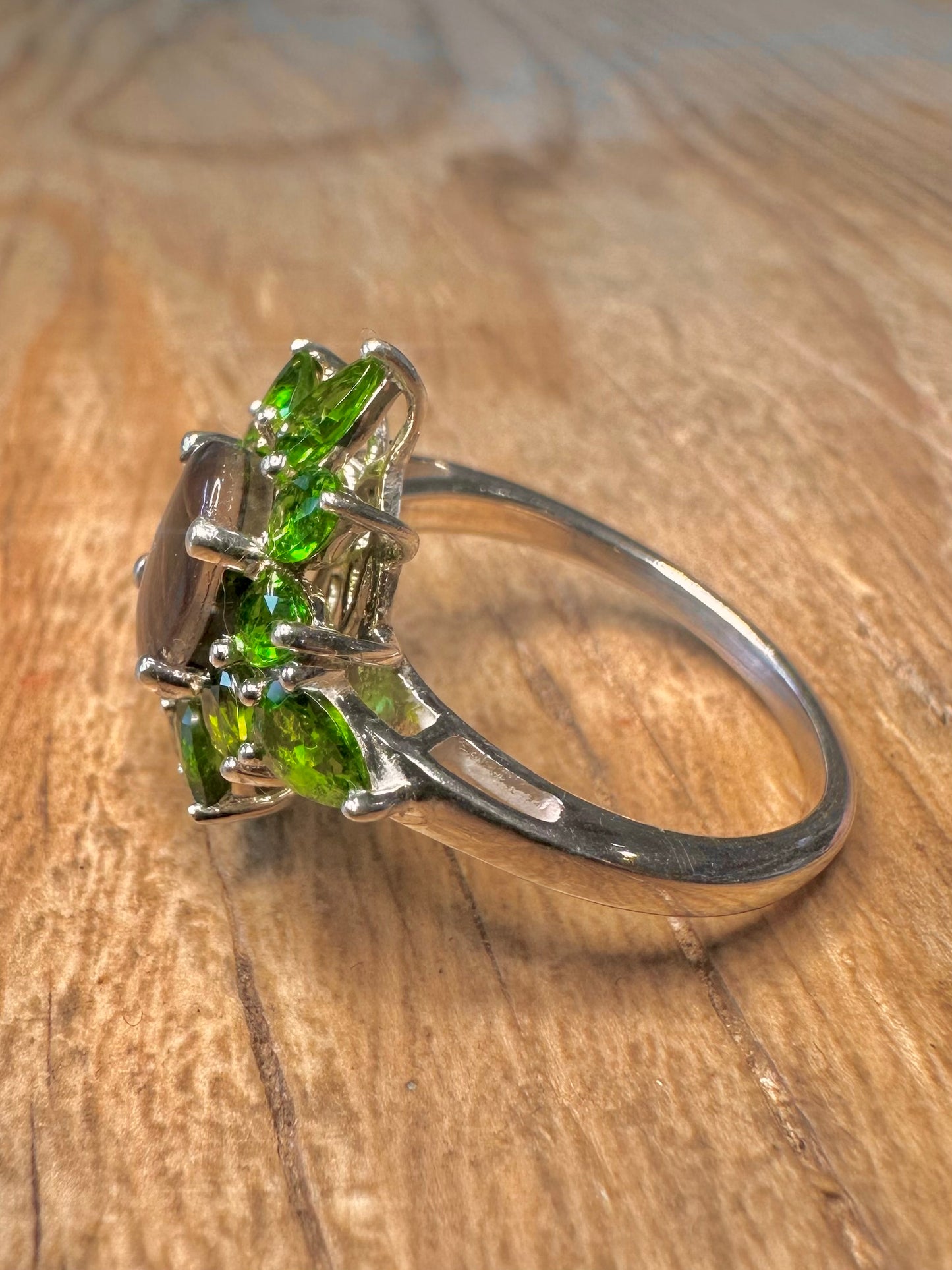 Vintage Dark Simulated Opal and Green Stones 925 Sterling Silver Size S Ring