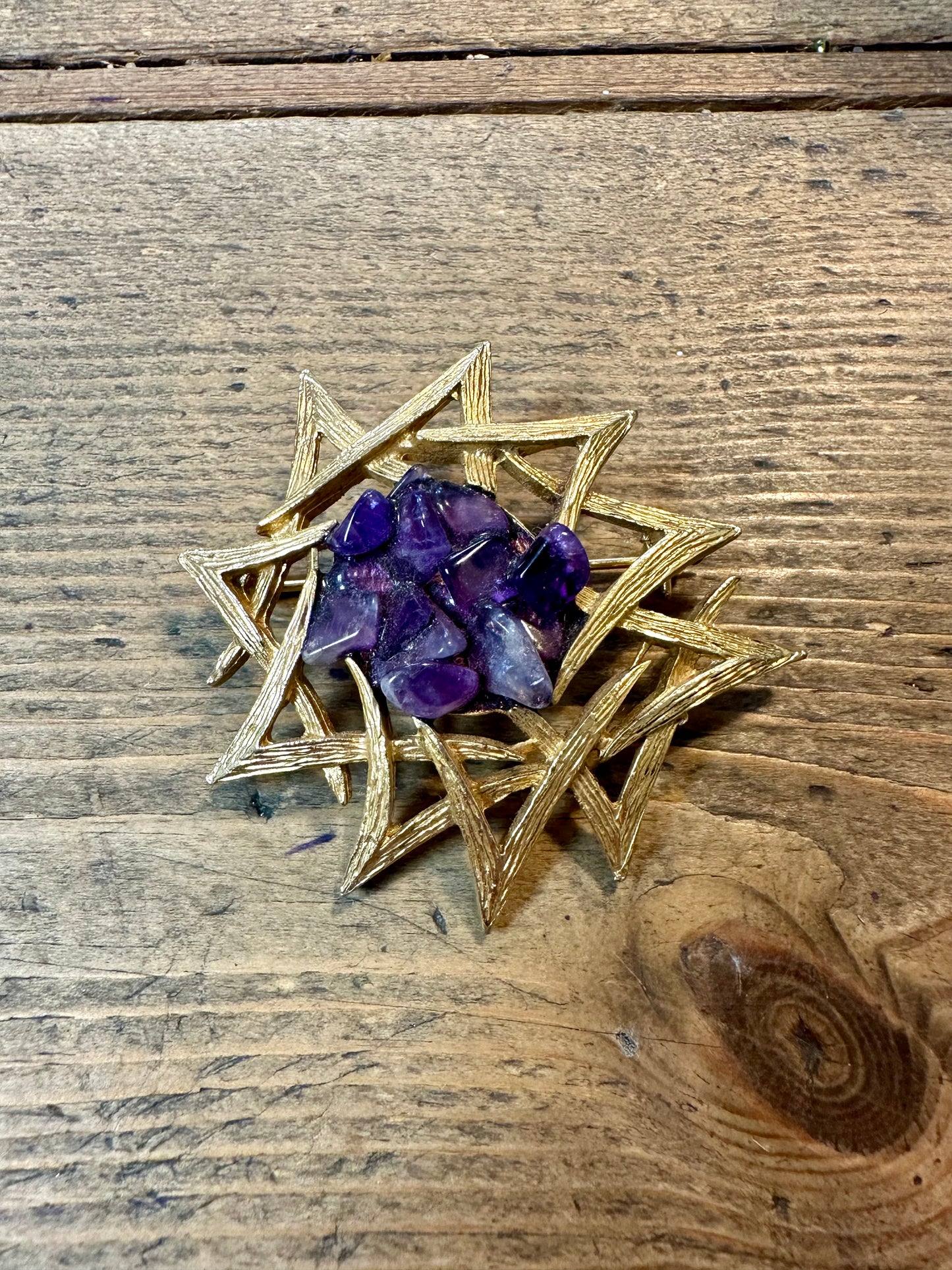 Vintage Amethyst Fusion Gold Costume Brooch