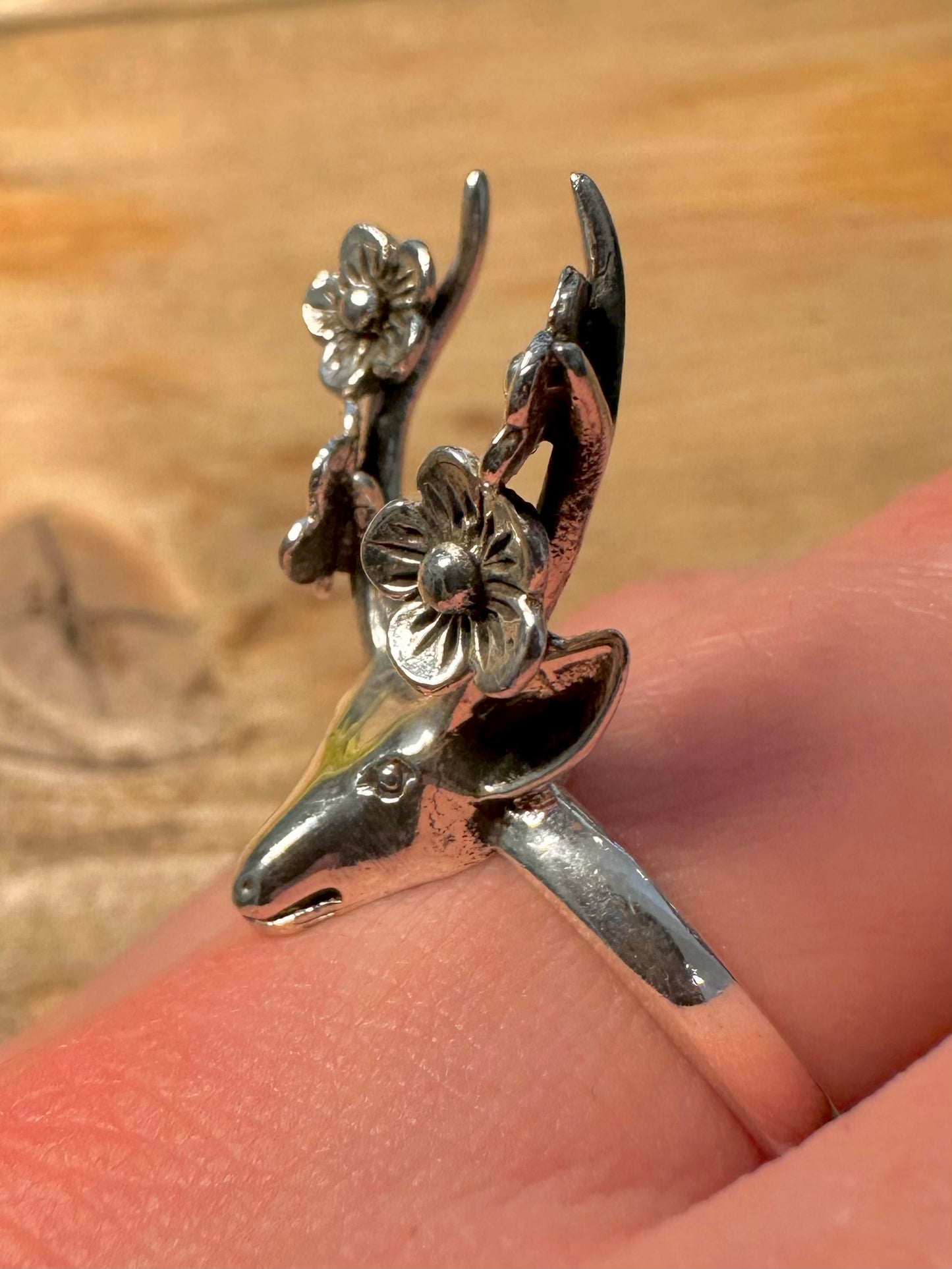 Modern Deer Flower Antlers 925 Silver Size W Ring