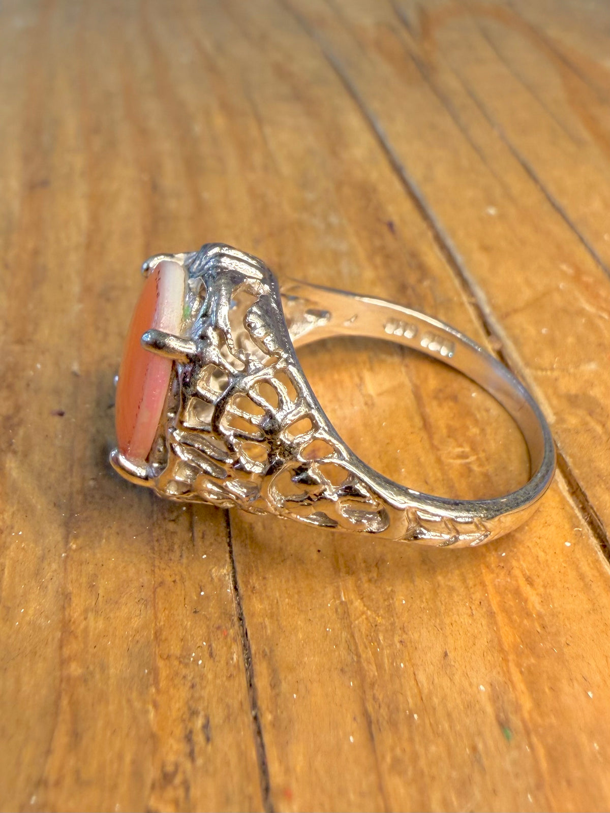 Peach Mother of Pearl Filigree 925 Sterling Silver Size Q Ring